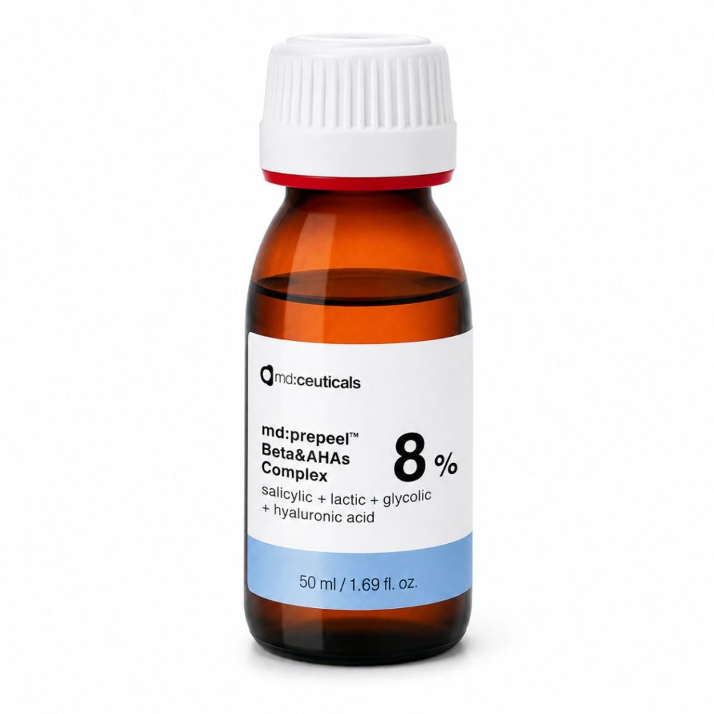 MD Ceuticals Prepeel Beta & AHAs Complex 8% 50ml with salicylic, lactic and glycolic acids plus hyaluronic acid.