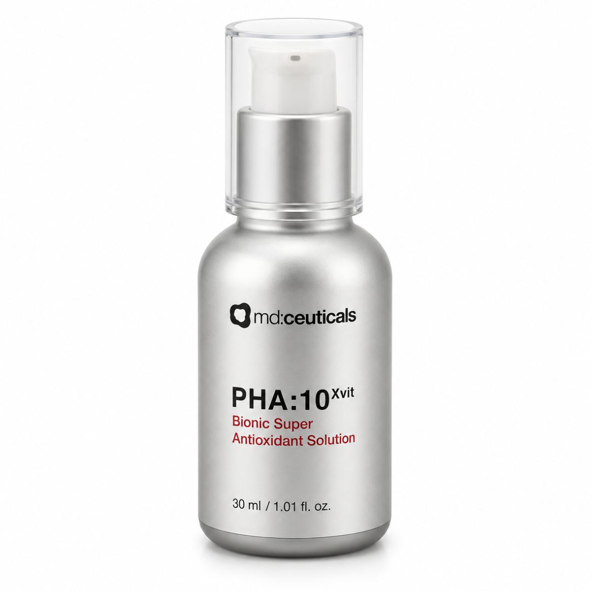 MD Ceuticals PHA:10 Xvit Bionic Super Antioxidant Solution 30ml MD PHA 10X Vitamin Bionic Super Antioxidant Solution 30ml in silver pump bottle.