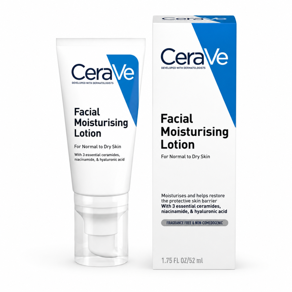 CeraVe Facial Moisturising Lotion for normal to dry skin in tube with retail box, lightweight daily moisturiser with ceramides, niacinamide and hyaluronic acid.