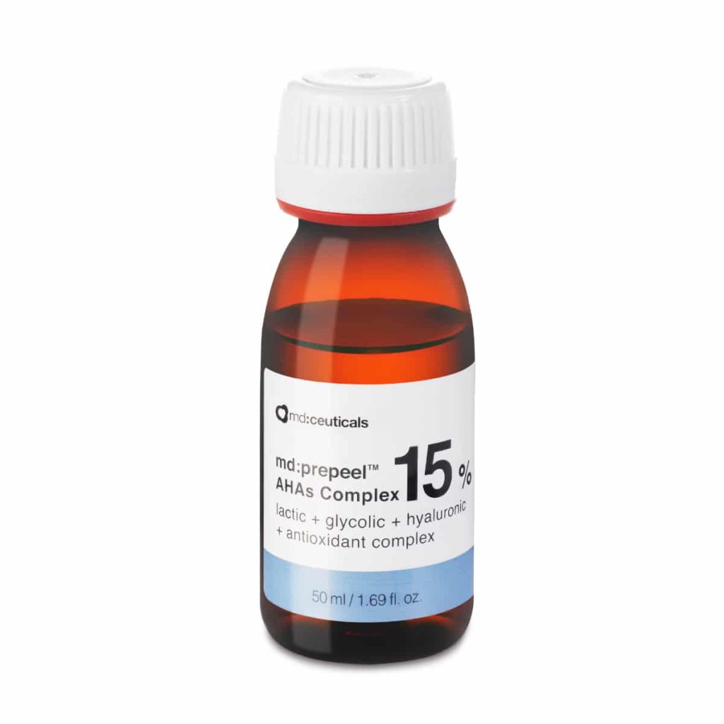 MD Ceuticals Prepeel AHAs Complex 15% 50ml with lactic acid, glycolic acid, hyaluronic acid and antioxidant complex.