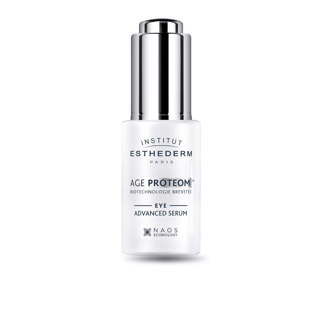 Esthederm Age Proteom Eye Serum-Advanced | MD Dermoutlet Esthederm Age Proteom Eye Advanced Serum – 15ml bottle for firming and depuffing the eye contour, available at MD Dermoutlet.