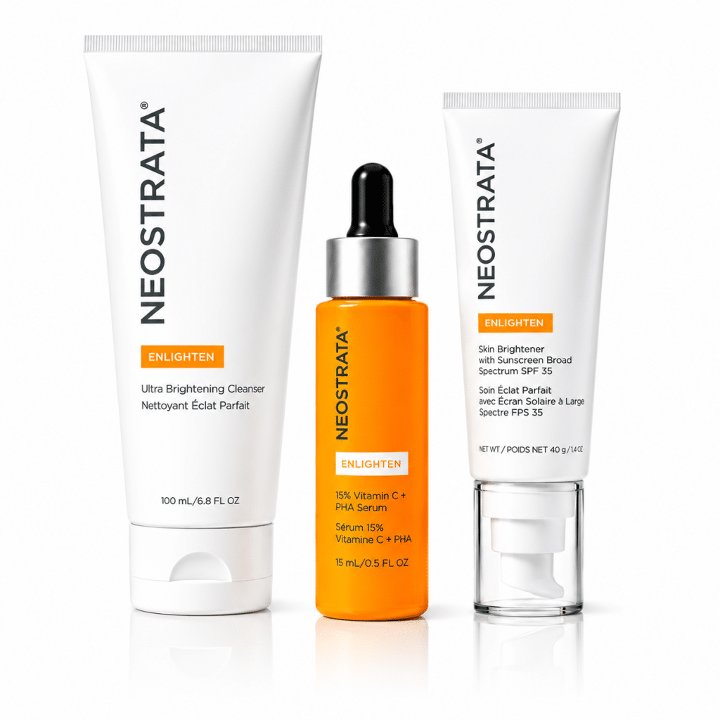 NeoStrata Enlighten Brightening Pack with cleanser, vitamin C serum and skin brightener SPF on white background