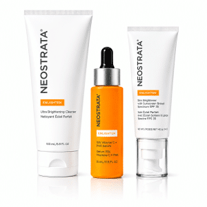 NeoStrata Enlighten Brightening Pack with cleanser, vitamin C serum and skin brightener SPF on white background