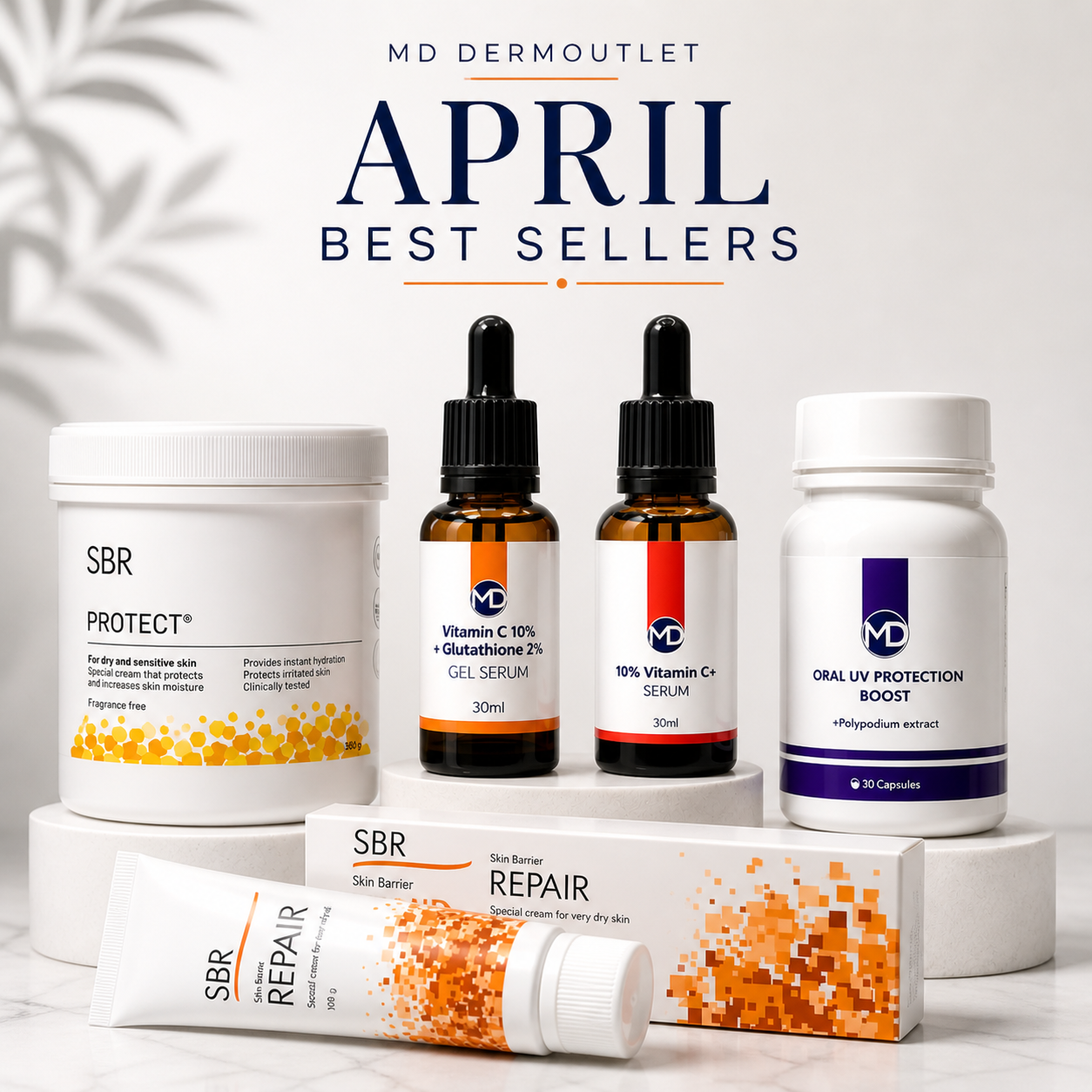 MD Dermoutlet best sellers April 2026 featuring Vitamin C serum, SBR repair creams and polypodium leucotomos capsules