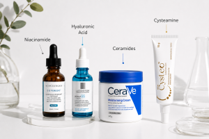 Popular skincare ingredients including hyaluronic acid, ceramides, vitamin C and cysteamine displayed in skincare products on a white background.