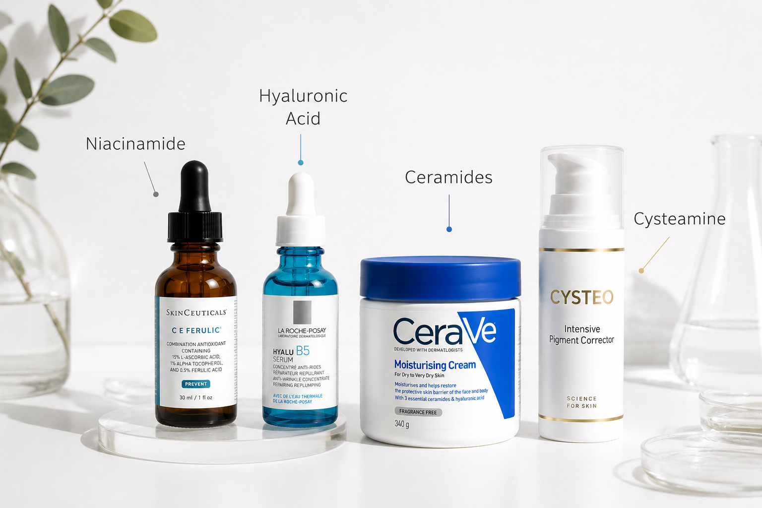 Popular skincare ingredients including hyaluronic acid, ceramides, vitamin C and cysteamine displayed in skincare products on a white background.