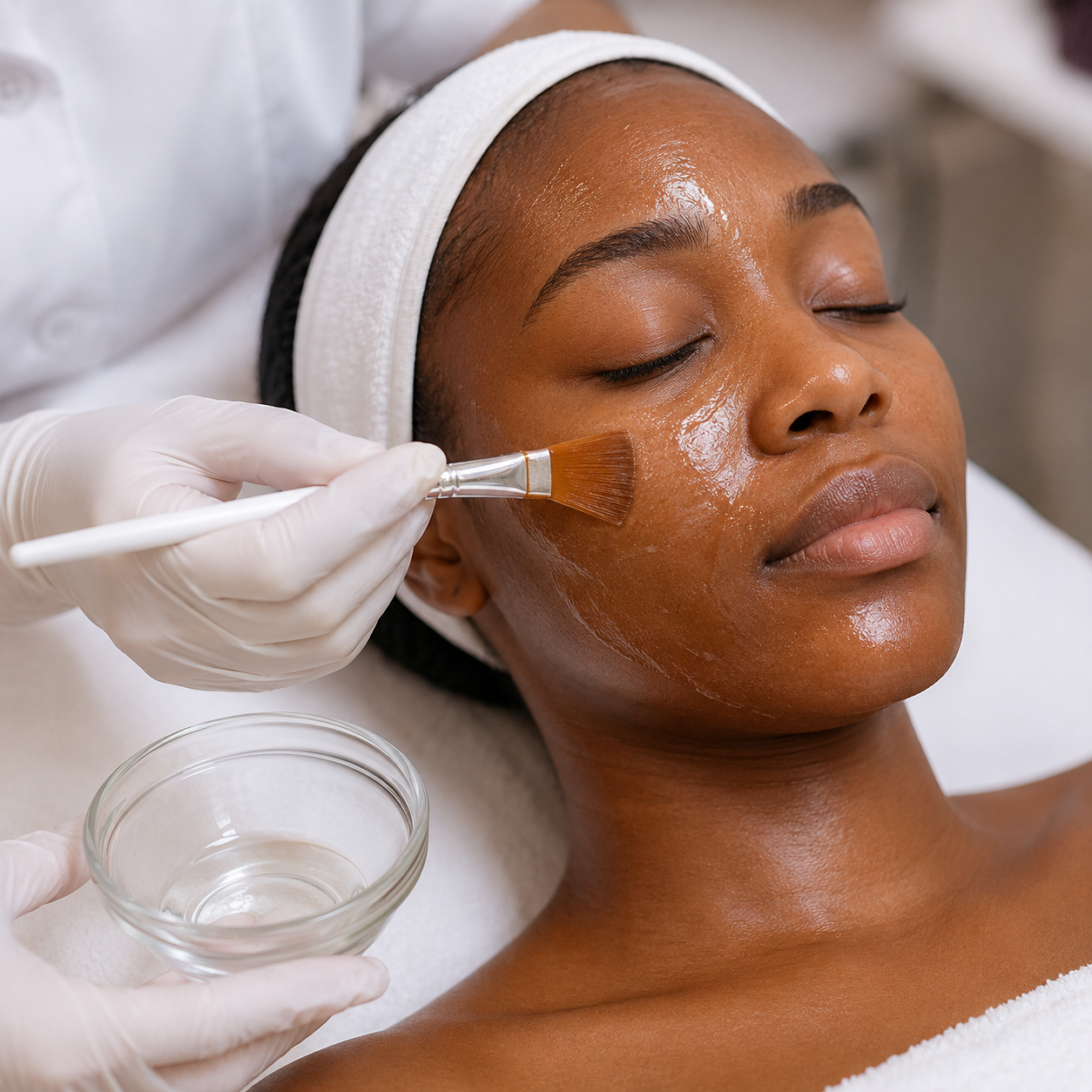 Professional chemical peels treatment being applied to improve pigmentation, acne, and overall skin texture.