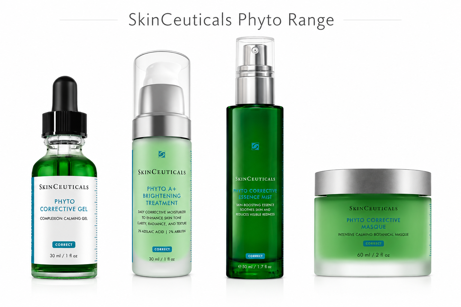 SkinCeuticals Phyto Range comparison featuring Phyto Corrective Gel, Phyto Corrective Essence Mist, Phyto Corrective Masque and Phyto A+ Brightening Treatment