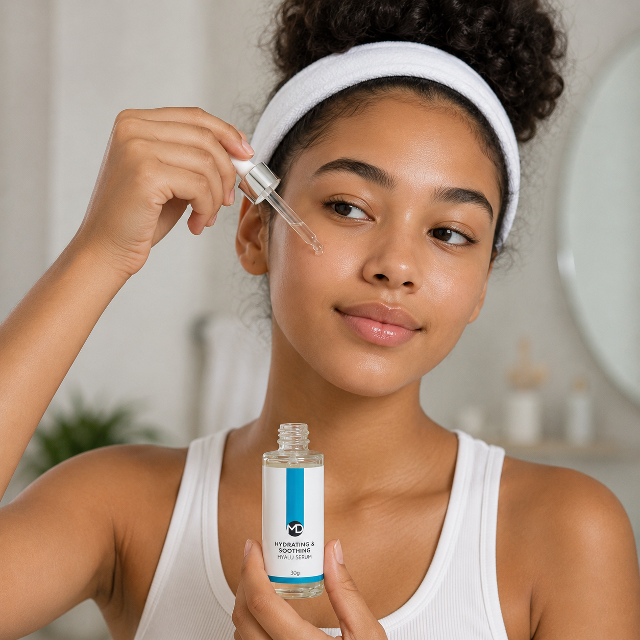 Teenager with healthy, hydrated skin applying a serum as part of the best skincare routine for teenagers recommended by dermatologist Dr Matete Mathobela.