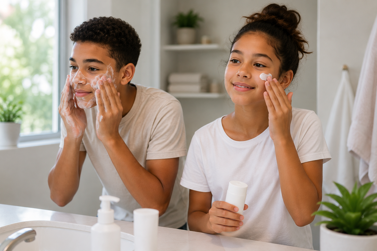 Best Skincare Routine for Teens and Tweens showing a boy and girl using a gentle cleanser, moisturiser and sunscreen in a dermatologist-recommended skincare routine.