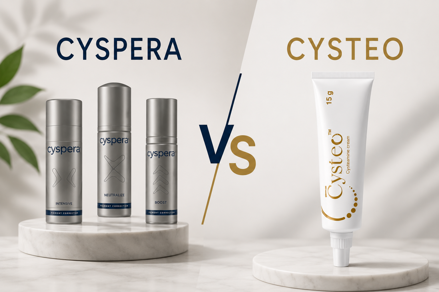 Cyspera vs Cysteo comparison showing two cysteamine treatments for melasma and pigmentation.
