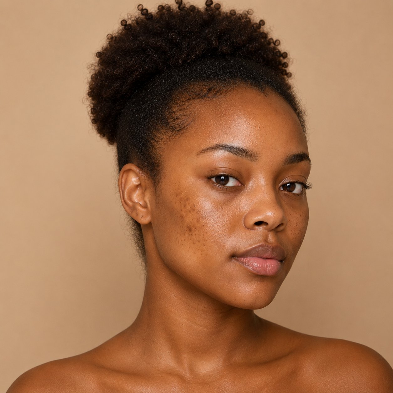 Black South African woman with mild facial hyperpigmentation on her cheek against a neutral beige background:Pigmentation in skin of colour