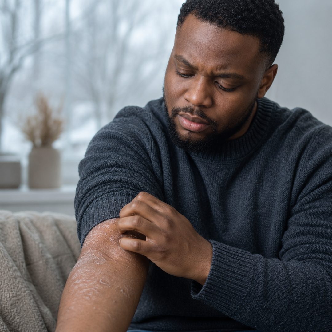 Adult-onset eczema: Adult with dry itchy eczema-prone skin during winter