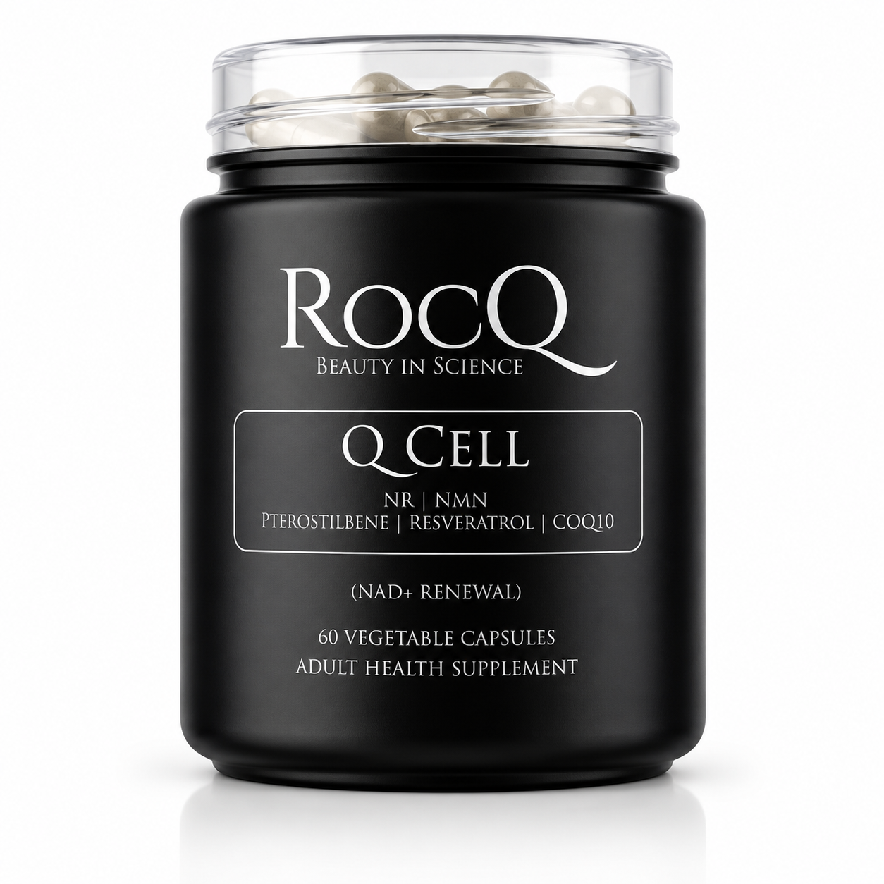 RocQ Q CELL NAD+ Renewal RocQ Q CELL NAD+ Renewal cellular energy and longevity supplement with NR, NMN, Resveratrol, Pterostilbene and CoQ10.