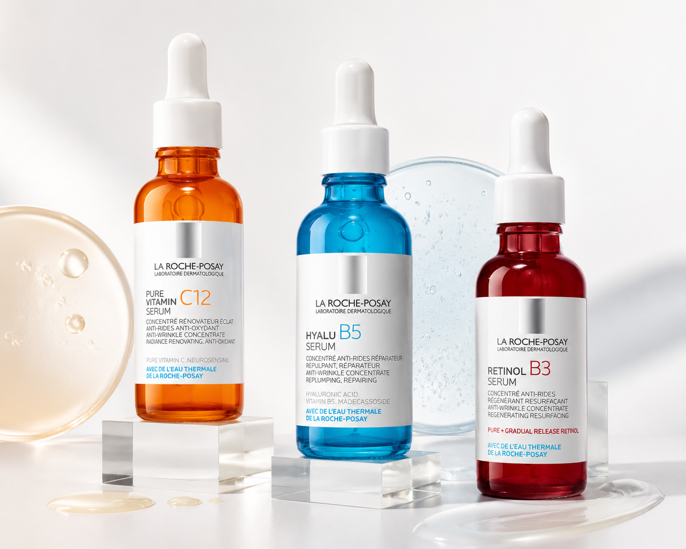 Vitamin C vs Hyaluronic Acid vs Retinol comparison using La Roche-Posay Pure Vitamin C10, Hyalu B5 and Retinol B3 serums