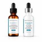 SkinCeuticals Pigment Perfection Duo featuring Phloretin CF antioxidant serum and Discoloration Defense pigment-correcting serum for dark spots, melasma and uneven skin tone.