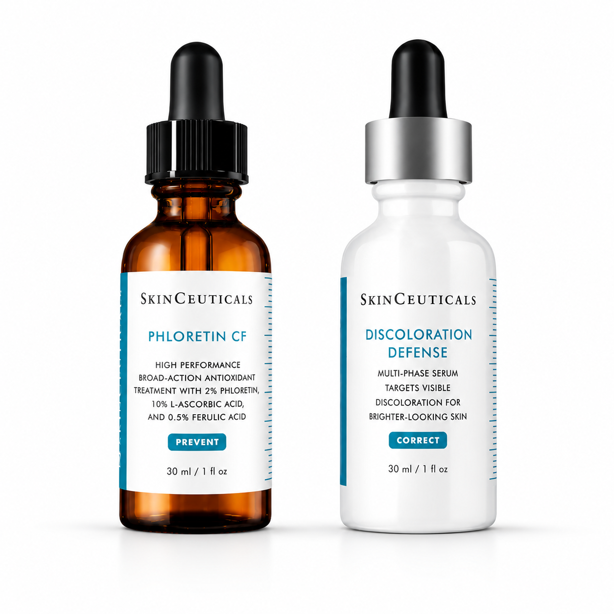SkinCeuticals Pigment Perfection Duo | Phloretin CF & Discoloration Defense SkinCeuticals Pigment Perfection Duo featuring Phloretin CF antioxidant serum and Discoloration Defense pigment-correcting serum for dark spots, melasma and uneven skin tone.