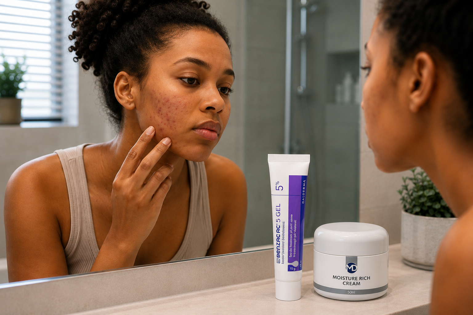 Does Benzac cause purging? Person examining acne while using Benzac AC 5 Gel
