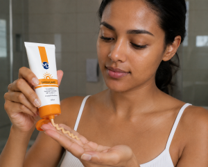 Blog 7 Woman applying sunscreen for oily acne-prone skin using the two-finger method