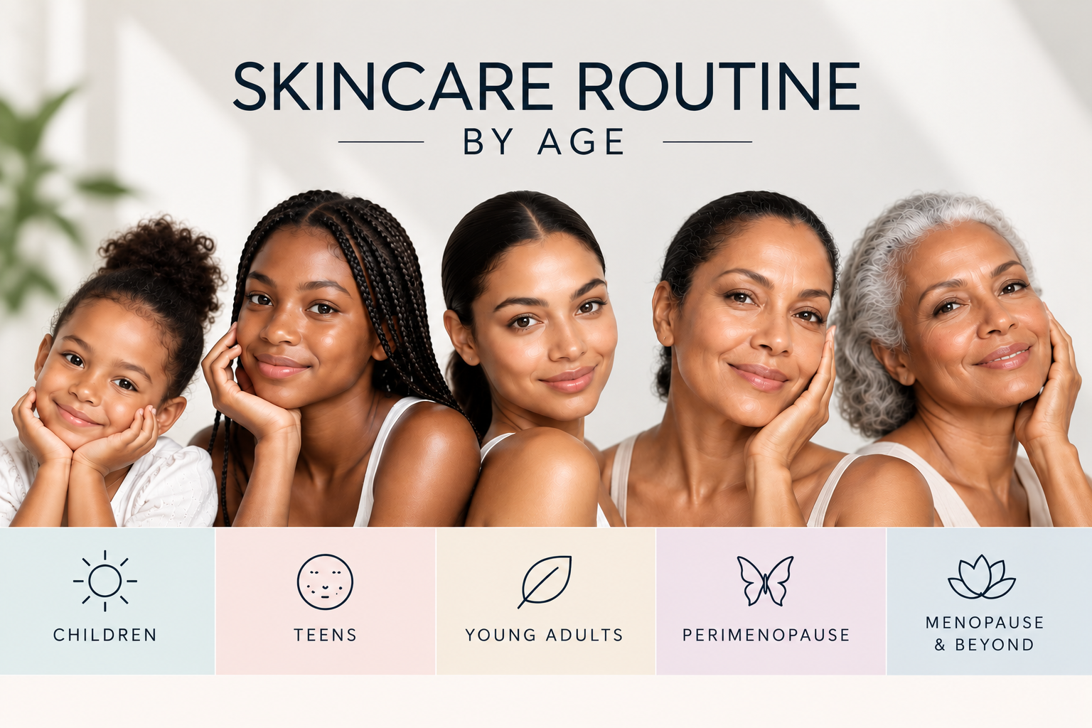 Skincare routine by age from childhood through menopause