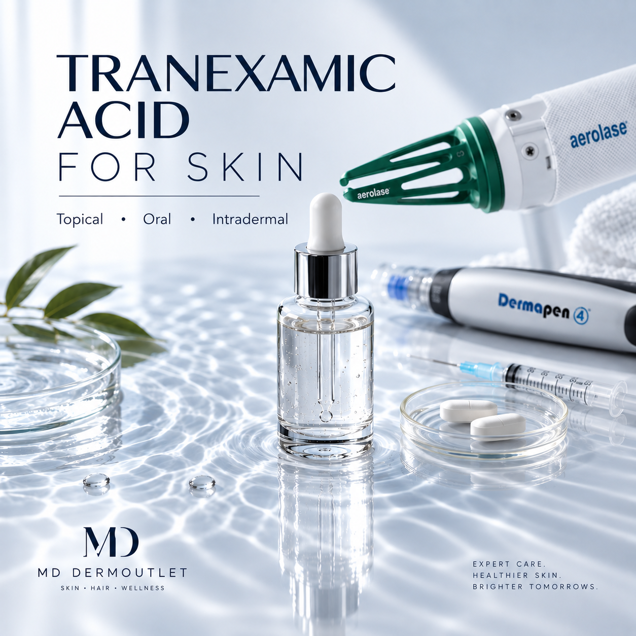 Tranexamic acid for skin showing topical, oral and intradermal treatment with Aerolase and Dermapen 4